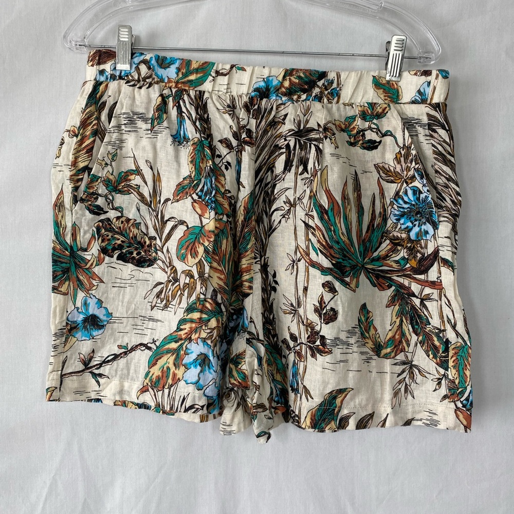 Elie Tahari 100% Linen Tropical Floral-Print Beach Shorts with Teal Accents
